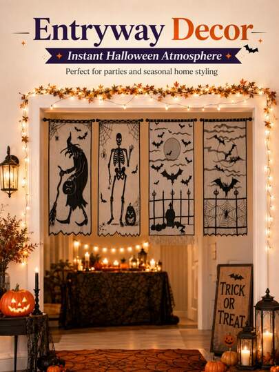 Black Lace Combination Halloween Table Runner, Halloween Spider Web Tablecloth, Ghost Festival Decor Fabric, Bat
