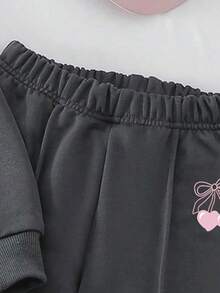 Young Girl Cherry Pattern Stand Collar Long Sleeve Sweatshirt And Pants - Dark Grey - View 6