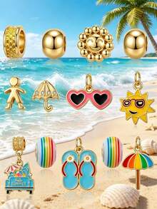 Summer Sun Rainbow Charm Bracelet For Women, Golden Beaded Bracelet With Flip Flops Umbrella Pendant, Cute Vacation Jewelry Gift - Multicolor - View 5