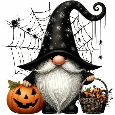 1/2/3pcs 3D Cartoon White Beard Gnome Wizard Pointed Hat Spider Web Pumpkin Candy Basket Spider Web Autumn Halloween Heat Transfer Iron-On Patch Healing Gnome DIY Iron-On Sticker Suitable For T-Shirt Sweatshirt Canvas Bag Pillow Hat