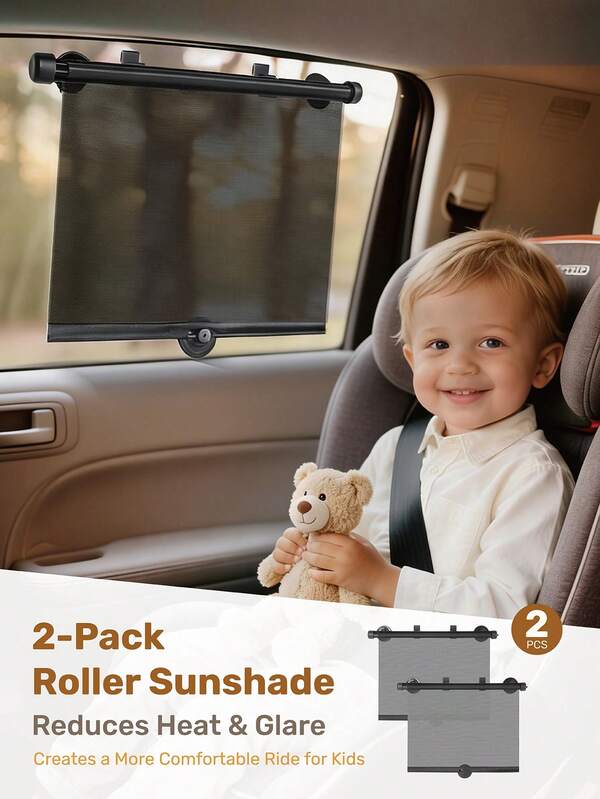 2pcs Retractable Car Side Window Sun Shade, With Suction Cups And Clips, 16in*19in Adjustable Size, Essential For Holiday Travel, All-Season Use