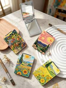 1件梵谷系列油畫便攜梳妝鏡，可折疊輕量超薄方便手鏡，耐用PU皮革，適合多種場景與所有人，可攜式長方形折疊鏡 - 彩色 - 查看 1