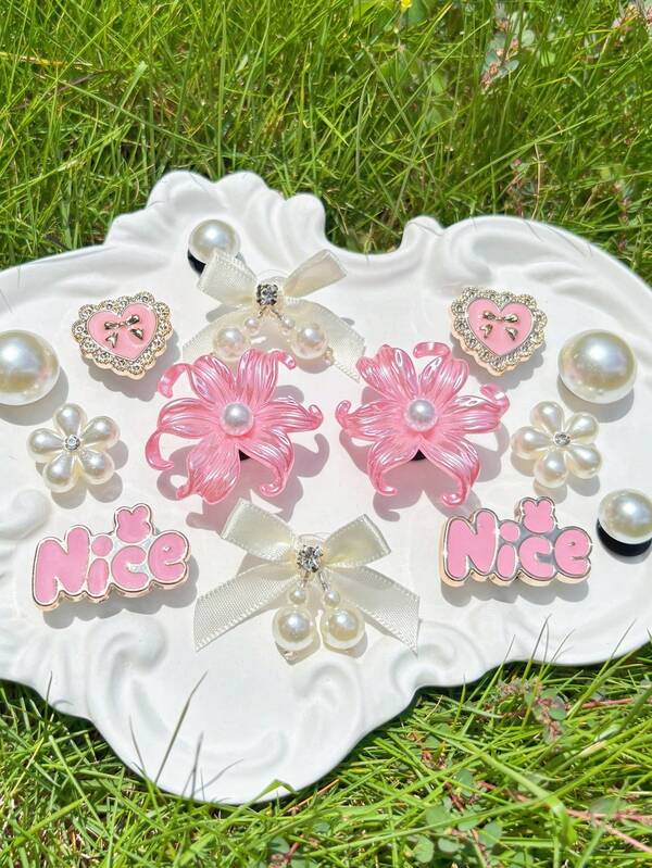 14 buah Aksesori Bunga Besar Warna Pink, Pita Putih untuk Dekorasi Sepatu DIY, Cocok untuk Sandal Berlubang, Elegan dan Modis, Hadiah untuk Pacar