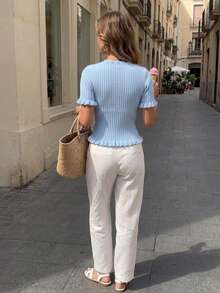 SEREN Cardigan Rajut Lengan Pendek Leher V Bergaris untuk Wanita, Atasan Pendek Slim Fit dengan Hiasan Ruffle untuk Musim Panas - Baby Blue - View 8