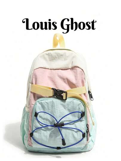 Zaino leggero con patchwork a contrasto di colori. Scomparto principale con ampia capacità per contenere facilmente un laptop o libri di testo quotidiani; tasche separate per bottiglia d'acqua, ombrello, power bank, mantenendo tutto organizzato. Adatto per studenti, pendolari o attività all'aperto casual nei fine settimana.