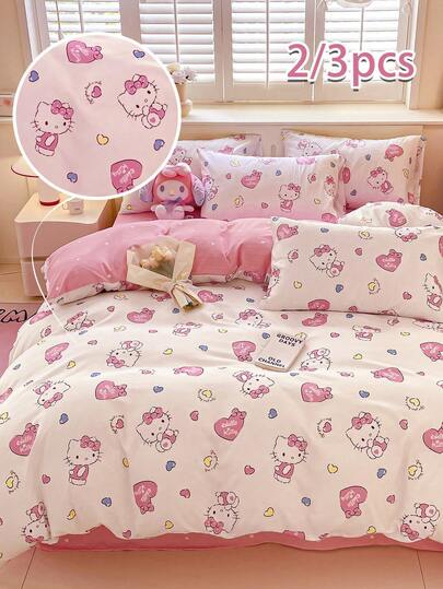Juego de 3 piezas de funda nórdica Sanrio, ropa de cama, Hello Kitty (1 funda nórdica + 2 fundas de almohada, sin relleno), juego de sábanas, tamaño completo de dibujos animados lindos, suave y cómodo, adecuado para estudiantes de dormitorio, ropa de cama para dormitorio del hogar, uso en habitación de invitados, todas las estaciones, con cierre de cremallera y fundas de almohada, multicolor suave y duradero, ropa de cama extra grande, juego de funda nórdica extra grande