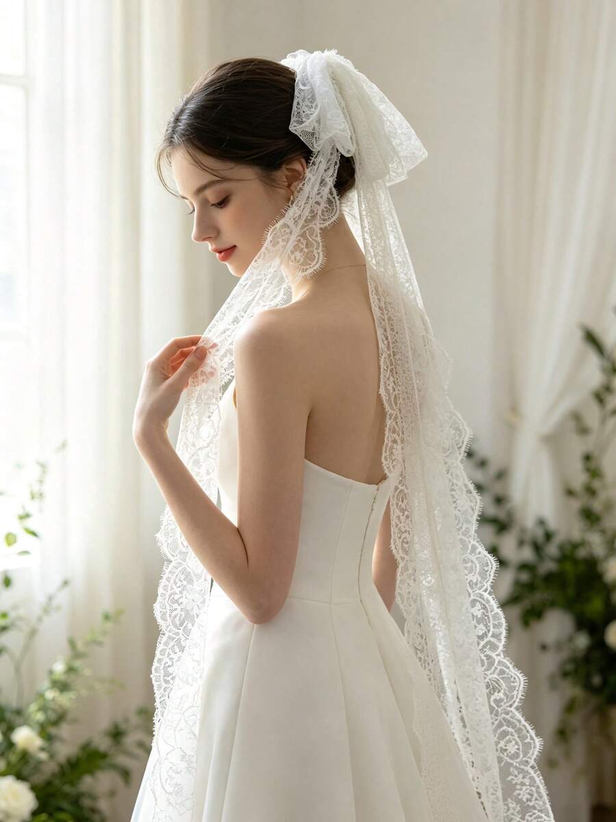 1件裝女款睫毛蕾絲蝴蝶結新娘面紗髮夾，婚禮派對禮服飾品 - 白色 - 查看 1