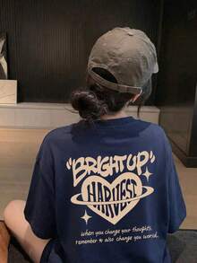 夏季新款 Gen Z Y2K 風格女款設計師金心印花圓領短袖休閒 T 恤 - 藏蓝色 - 查看 3