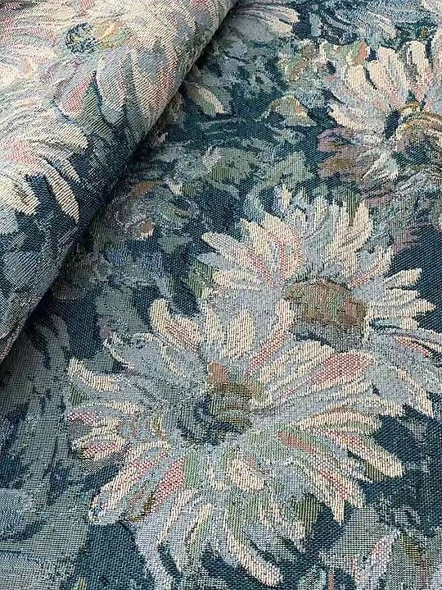 1pc Thick Blue&Green Chrysanthemum Oil Painting Style Jacquard Fabric, Pre Cut 19.6in X 58.2in, 39in X 58.2in, DIY Sewing Fabric, Suitable For Handmade Sofa Covers, Tablecloths, Pillows, Bags, Dresses, Curtain, Background Decoration Fabrics, Etc