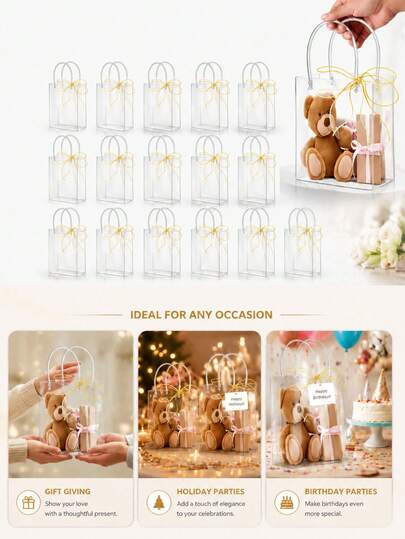 8/4/1pc Transparent Handle Gift Bags, Large Capacity Clear Plastic Party Favor Bags, Reusable PVC Small Candy Bags For Birthday, Wedding, Baby Shower, Holiday, Bridesmaid, Christmas Party Gift Packaging
