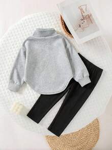 Baby Girl Bow Print Half-Chest Stand Collar Long Sleeve Top And Fitted Long Pants - Grey - View 2