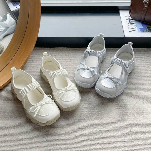 Women's Casual Sports Shoes Comfortable Luxury Bow Decor Versatile Mary Jane Shoes College Style Hook And Loop Elegant Ballet Style Slip-On
