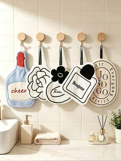 1/5pcs Double-Layer Quick-Dry Hand Towels, Thick Soft Coral Fleece Embroidered, High Absorbency Fast Drying With Hanging Loop, Creative Wine Bottle, Perfume Bottle And Flower Designs, Suitable For Home/Kitchen/Bathroom/Bar Use, Housewarming Gift, Wedding Favor And Holiday Gift