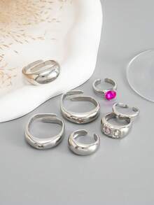 7pcs Set Minimalist Fashion Luxury Rhinestone Metal Toe Rings, Women's Summer Accessories, Daily And Vacation - Silver - View 3