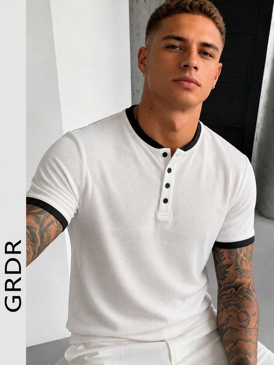 GRDR Men's Colorblock Henley Short Sleeve T-Shirt, Waffle Texture Loose Casual Versatile Undershirt For Summer