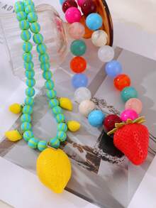 1pc Bohemian Style Y2K Creative Fashion Elegant Exquisite Glamorous Personalized Exaggerated Cute Fruit Series High-Quality Dopamine Color Resin Beaded 3D Strawberry/Lemon Pendant Necklace For Women Sisters Couples Prom/Graduation Jewelry Gift, Suitable For Daily Wear, Dating, Wedding, Party, Holiday, Summer Beach Vacation - necklace - View 3