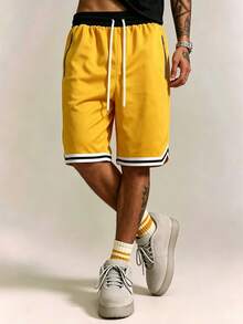 Men's Loose Fit Basketball Shorts, Elastic Drawstring Waist, Zipper Pockets, Striped Hem, Breathable Fitness Training Casual Sports Knee Length Shorts - Yellow - View 9