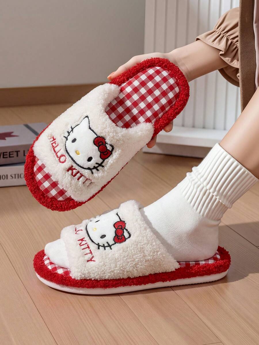 MAOLI Hello Kitty 開趾毛絨室內拖鞋，四季穿著，貓臉設計，優雅舒適吸汗透氣時尚百搭女款居家拖鞋，適合室內臥室大學宿舍，女款平底涼拖，趣味拖鞋