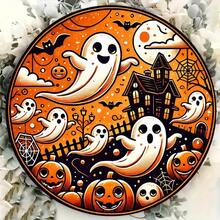 2D Flat Vintage Halloween Iron Wall Decor 8x8 Inch Decorative Plaque, With Cute Ghost, Pumpkin And Haunted House Patterns, Suitable For Home, Cafe, Bar, Office And Club Use, Pre-Drilled Holes, Style As Shown In Size Chart - Multicolor - View 7