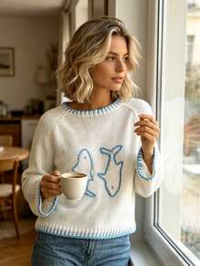 Women's Knit Crew Neck Pullover Sweater, Long Sleeve Patchwork Ribbed Animal Pattern, Cute Elegant Spring Autumn Style - Apricot - View 2