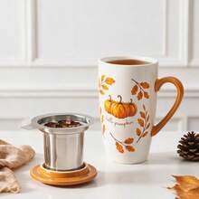 1pc 490ml/16.5oz Cottagecore Autumu Ceramic Tea Cup With Infuser And Lid, Hello Pumpkin Large Capacity Porcelain Coffee Cup Infuser Mug For Loose Leaf Tea Coffee Cocoa, Fall Home Kitchen Decor Drinkware, Gift For Halloween Thanksgiving Harvest - Multicolor - View 2