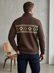 Men's Geometric Pattern Thickened Half-Zip Stand Collar Sweatshirt, Casual Long Sleeve Sweatshirt, Autumn/Winter - Multicolor - View 5