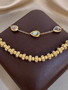 Conjunto de pulsera de cadena con cuentas de calabaza y gota de agua de concha de abalón minimalista, cadena de acero inoxidable apilable para mujer, regalo de joyería para cumpleaños, uso diario y fiestas - Multicolor - Ver 4