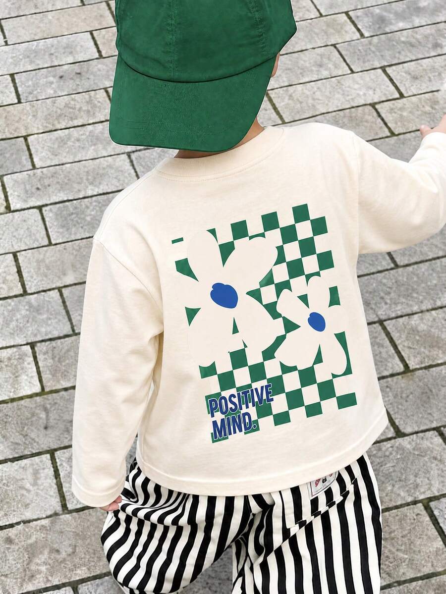 1pc Boys Korean Style Checkerboard Daisy Long Sleeve T-Shirt, Reversible Design With POSITIVE MIND Print, Cream Color, Unisex Kids Spring Autumn Top - Apricot - View 1