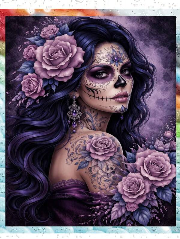 Purple Rose Sugar Skull Lady 5D Diamond Painting Kit For Adults, Floral Skeleton Hand Full Drill DIY Round Gem Art Diamond Art Kits Painting Crafts Ideal For Beginners And Hallowen Wall Decor Gift