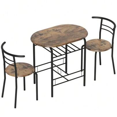 3-Piece Dining Set, Kitchen Table And 2 Chairs With Shelf, Living Room, Black Marble Look