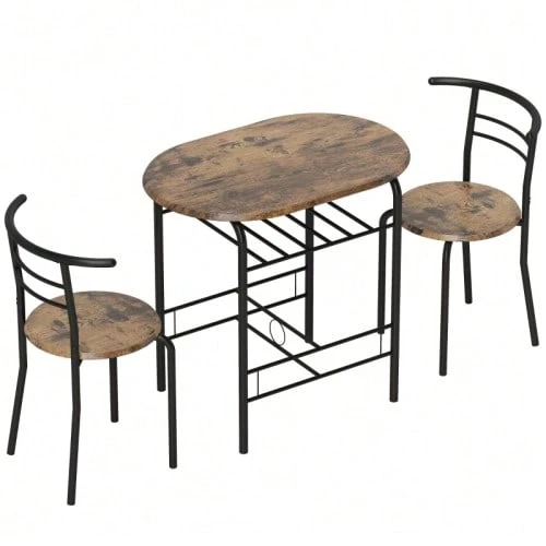 3-Piece Dining Set, Kitchen Table And 2 Chairs With Shelf, Living Room, Black Marble Look - 鏽棕色 - 查看 1