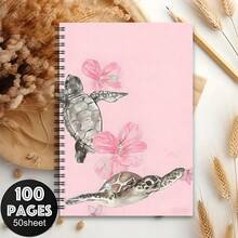 1 Spiral Bound Notebook, Printed With Watercolor Turtle And Hibiscus Flower Pattern, Pink Floral Ocean Style, A5 Lined Pages; Ideal For School/Office Supplies, Also A Great Gift For Marine Life Enthusiasts. - Ocean Series - View 1