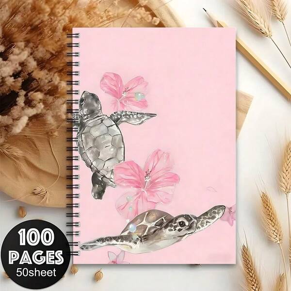 1 Spiral Bound Notebook, Printed With Watercolor Turtle And Hibiscus Flower Pattern, Pink Floral Ocean Style, A5 Lined Pages; Ideal For School/Office Supplies, Also A Great Gift For Marine Life Enthusiasts.