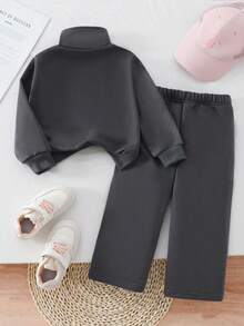 Young Girl Cherry Pattern Stand Collar Long Sleeve Sweatshirt And Pants - Dark Grey - View 2