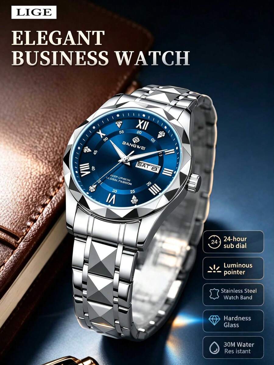 LIGE Fashion Casual Luxury Men's Watch, Waterproof Luminous Quartz Watch With Calendar Dial Wristwatch - Silver - View 1