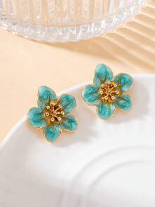 1 Pair Exquisite Design Summer Green Enamel Drip Oil Fake Beach Style Flower Shaped Versatile Women's Plumeria Stud Earrings - Green - View 4