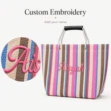 (Custom) Personalized Embroidered Minimalist Striped Canvas Tote Bag, Original Niche Versatile Commuter Large Capacity Handbag Shoulder Bag For Students - Multicolor - View 5