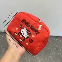SANRIO 1pc Red Embroidered Hello Kitty Polka Dot Bow Decor Waterproof Nylon Large Capacity Zipper Cute Cartoon Girl Style Makeup Bag - Multicolor - View 7