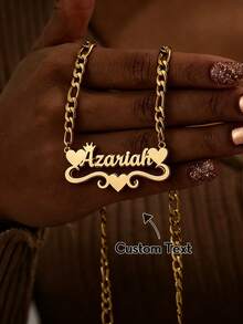 1pc Customized Handwritten Name Necklace With Crown And Heart Frame Gold-Plated Stainless Steel Figaro Chain - Heart-shaped Crown In Multiple Colors - View 3