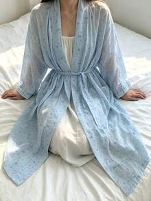 Women's Bathrobe, Comfortable Bathing Robe For Teenagers, Suitable For Reading At Home, Fresh Korean Style Bow Print Bathrobe, Spring/Autumn New Comfortable Loungewear Nightgown - Mint Blue - View 7