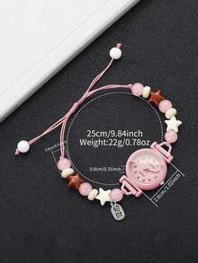 女款禮品手錶 可愛清新愛心手鍊錶 女生學生小珠飾手鍊裝飾石英手錶 (1件/套) 不含手錶盒 - 粉色 - 查看 4