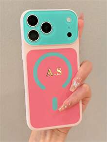 [Custom] Personalized Custom Letter Gold Custom Name Minimalist Color Block Pattern Phone Case Compatible With IPhone 17 Pro Max 17 16 15 14 13 12 Pro Max Shockproof Protective Shell - Pink - View 20