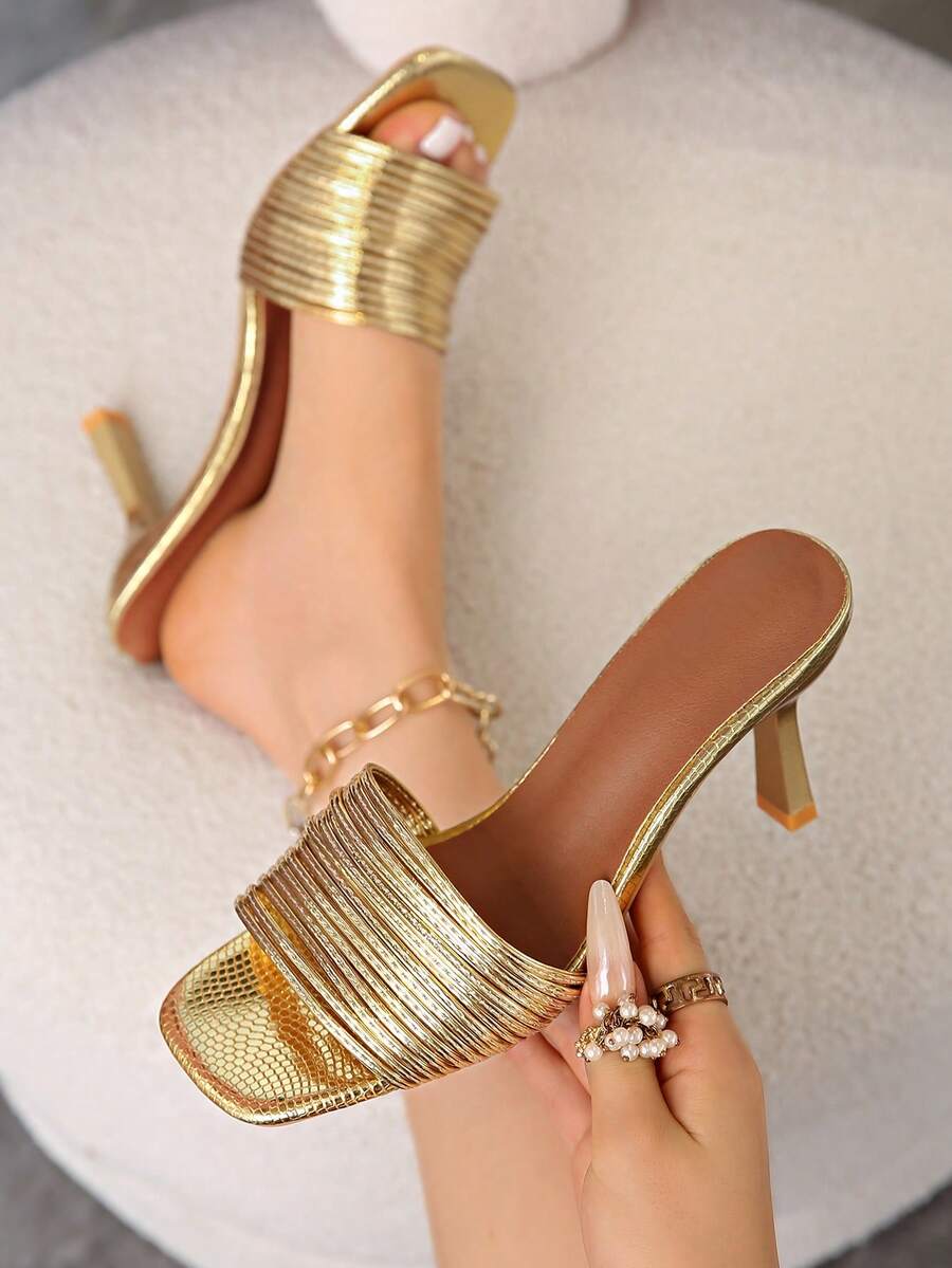 French Minimalist! Square Toe Thin Strap High Heel Sandals Women Summer Mule Slippers - Gold - View 1