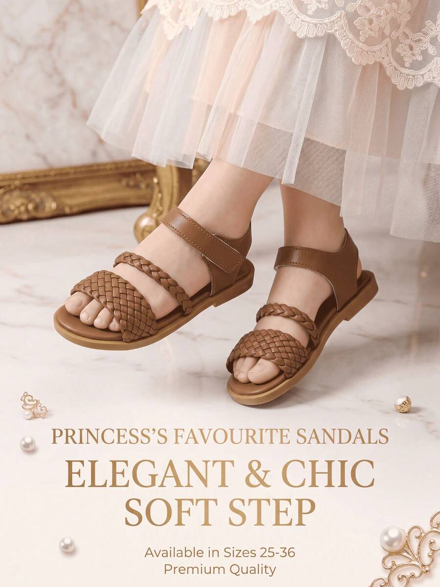 1 Pair Kids Woven Flat Sandals, Rainbow-White, Brown, Made Of Soft Nappa PU Leather, With Hook And Loop Design