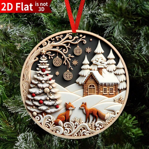 2D Flat, 1pc Fox Christmas Ornament, Snowy Winter Scene With Fox, Pine Tree And Snowflakes, Classic Wooden Hanging Decoration, Suitable For Christmas Tree, Holiday Keepsake Gift, Perfect For Friends And Family