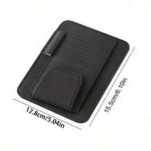 1pc Black Minimalist Car Leather Storage Bag, Hanging On Sun Visor, Compartment Pockets, One-Stop Storage For Cards, Glasses And Coins - Sun Visor Card Holder - View 2