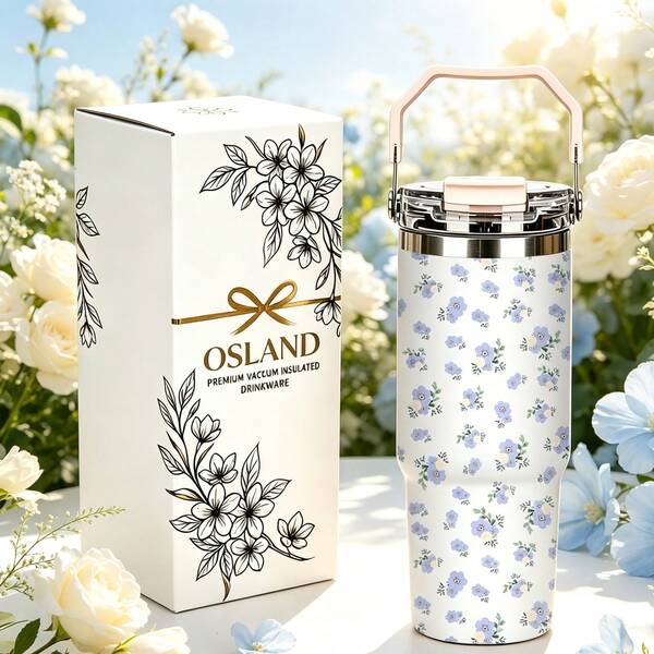 1/5pcs 30oz Vacuum Insulated Tumbler With Gift Box, White Small Delicate Wildflower Print, Foldable Portable Handle, Double Flip Leak-Proof Lid, Double Wall Mug, Suitable For Daily Commute, Minimalist Soft Floral Style Gift