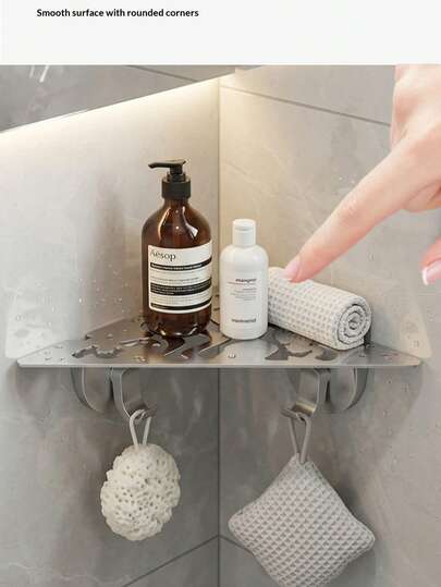 KOEMO No-Drill Vacuum Suction Triangle Storage Rack For Bathroom And Kitchen - Heavy Duty Triangular Corner Shelf With 2 Hooks, No Tools Required Installation, Space-Saving Design, Suitable For Shower, Sink Countertop, And Toilet Wall/Tiles, Compact And Easy To Install, Minimalist Plastic Material, Rust-Proof High-Quality ABS Material, Shower Caddy, Multi-Functional Storage Triangle Basket For Organizing Supplies