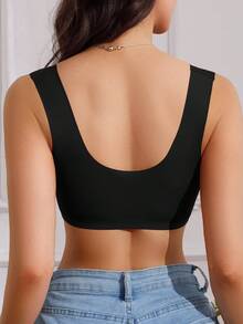 1pc French Romantic Style Front Closure Bra, Elegant And Charming, Wireless Knit Fabric, Built-In Padding, Comfortable Home Leisure Wear - Black - View 4