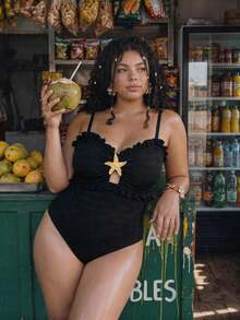 Plus Size Black Floral Jacquard Textured Spaghetti Strap One-Piece Swimsuit, Ruffle Hollow Out With Starfish Decor, Suitable For Summer Beach, Pool Party, Vacation, Back To School - Black - View 4